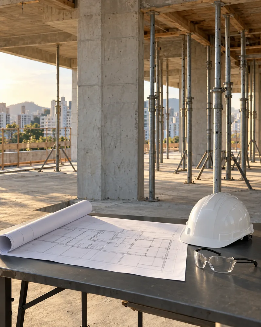 Mesa de apoio com planta, capacete e óculos de proteção numa obra com escoramento metálico