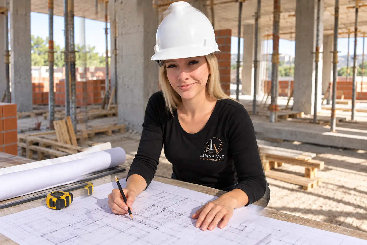 Eng. Luana Vaz de capacete branco desenhando sobre uma planta numa mesa de obra