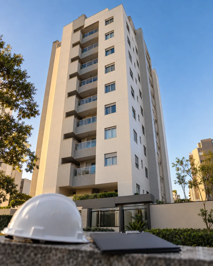 Fachada de prédio residencial vista de baixo, com capacete branco e prancheta em primeiro plano