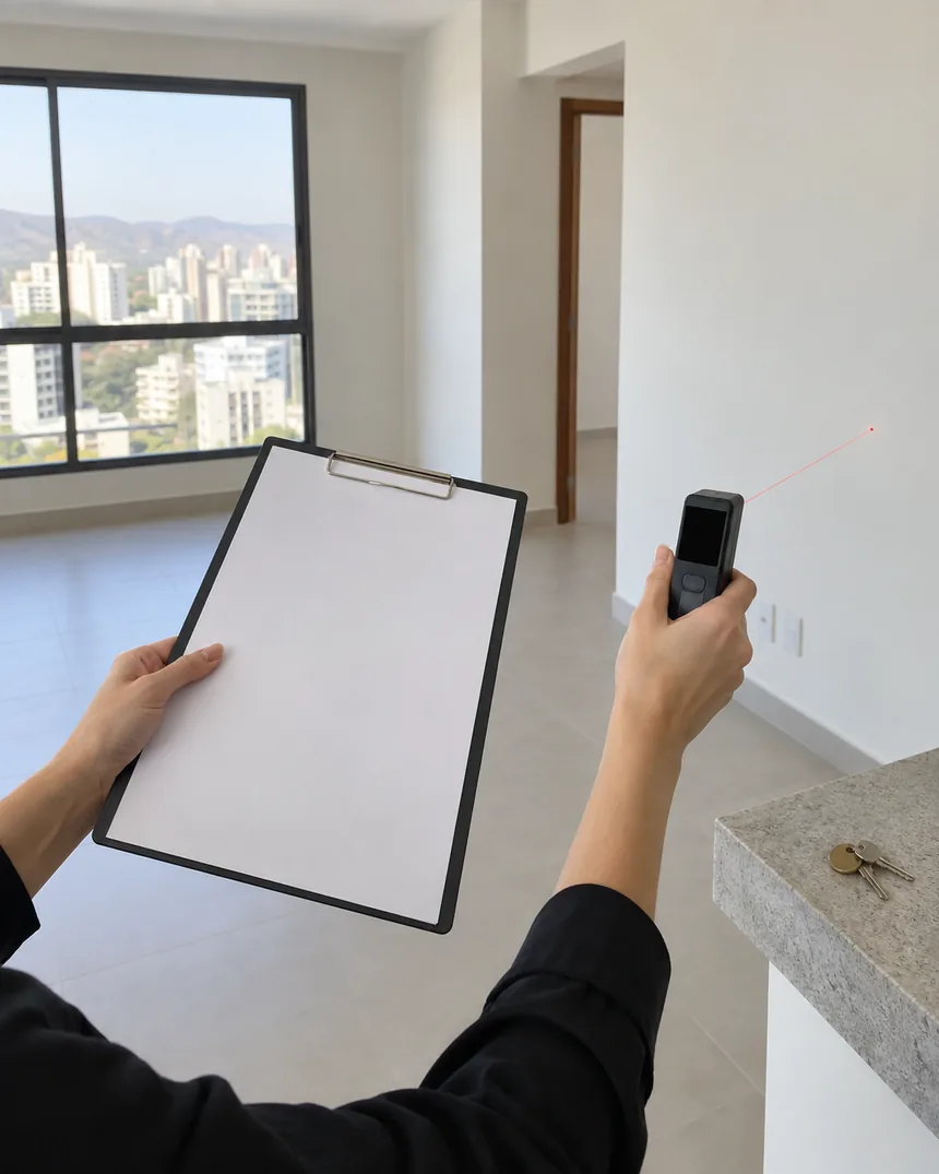 Engenheira com prancheta e trena laser na sala vazia de um apartamento recém-entregue